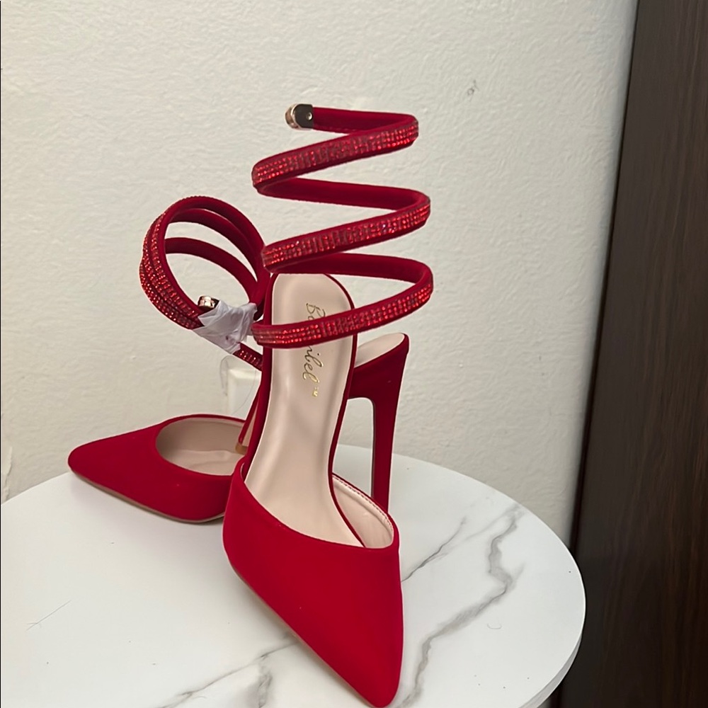 Real Size Bride Red Stiletto Heels with Spiral Strap